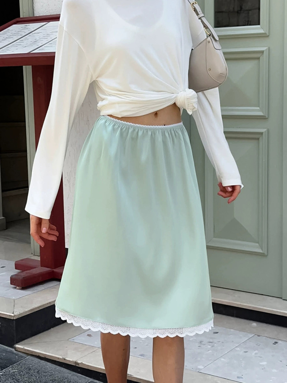 Forever 21 Mint Green Matte Satin Lace Trim A-Line Skirt Fall